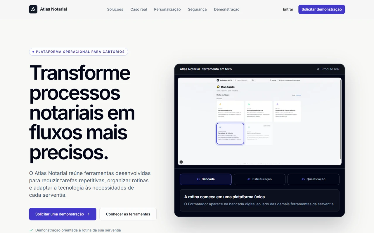 Hero do Atlas Notarial com a apresentação da plataforma e a demonstração pública da bancada digital.