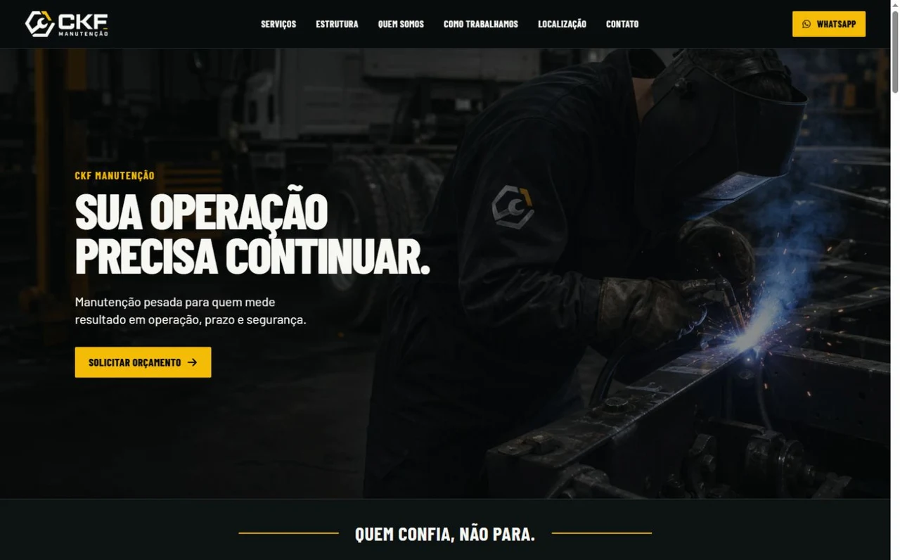 Home da CKF com soldador em operação e a frase Sua operação precisa continuar.