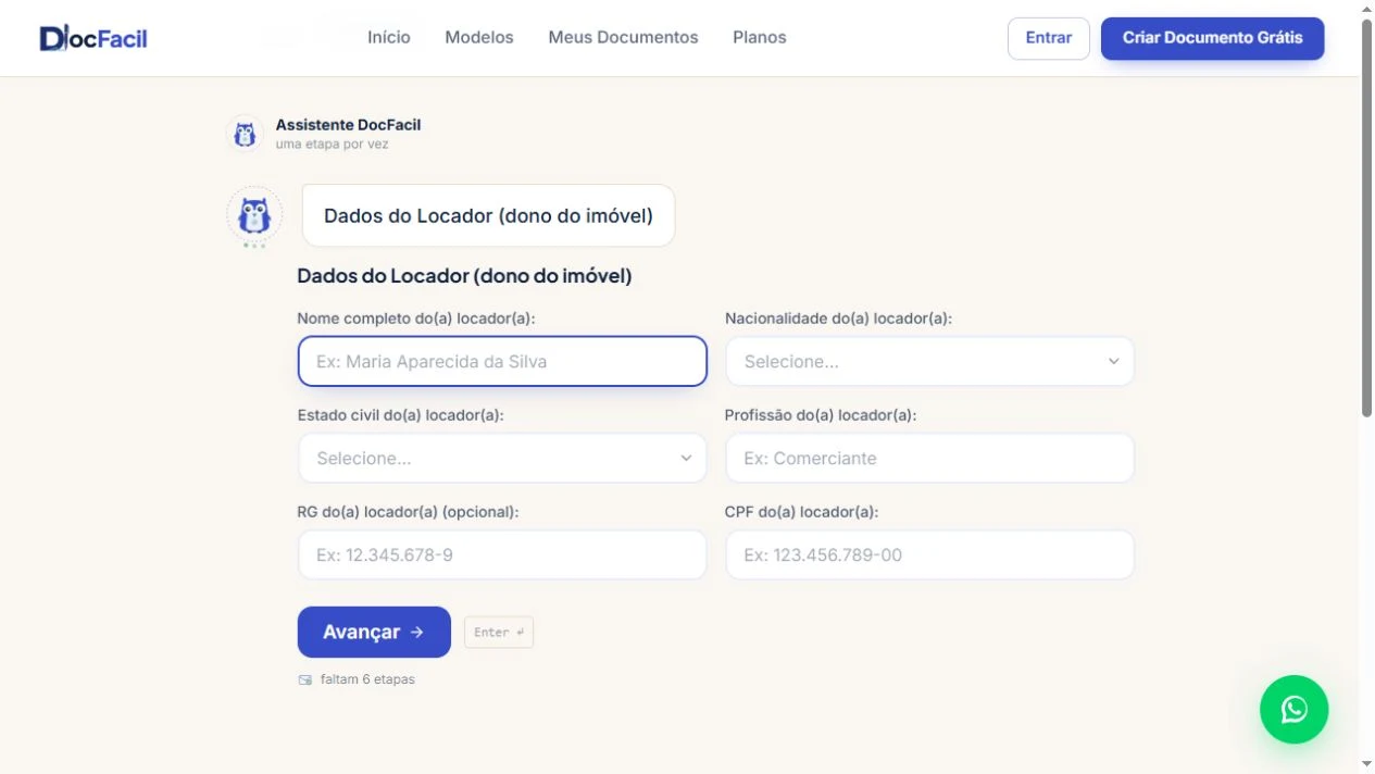 Assistente do DocFacil com campos vazios para dados do locador e botão Avançar.