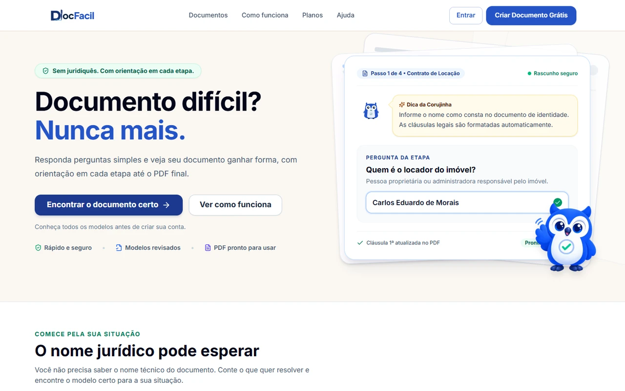 Hero do DocFacil com a frase Documento difícil? Nunca mais. e demonstração do preenchimento guiado.